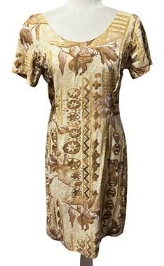 Jams World Vintage Tapa Print Crinkle Shift Dress Hawaiian Tiki Floral Size S